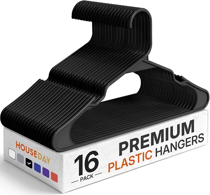HOUSE DAY Plastic Hangers 16 Pack - Adult Clothes Hangers Black - Space Saving, Non-Slip, Durable & Sturdy Hanger with Shoulder Grooves for Closet, Perfect Slim Coat Hanger - Ganchos para Colgar Ropa by HOUSEDAY
