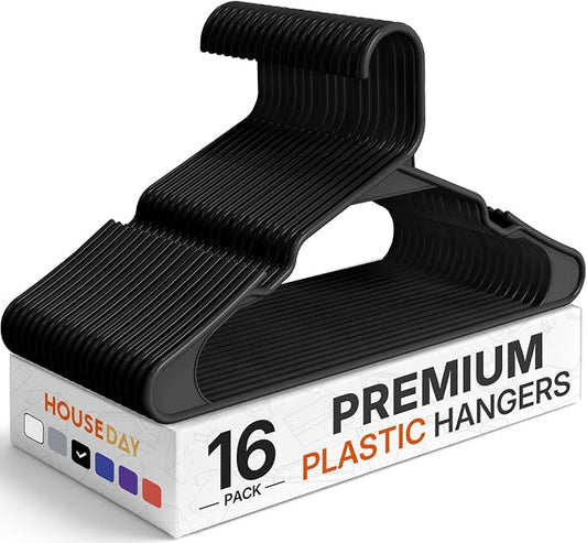 HOUSE DAY Plastic Hangers 16 Pack - Adult Clothes Hangers Black - Space Saving, Non-Slip, Durable & Sturdy Hanger with Shoulder Grooves for Closet, Perfect Slim Coat Hanger - Ganchos para Colgar Ropa by HOUSEDAY