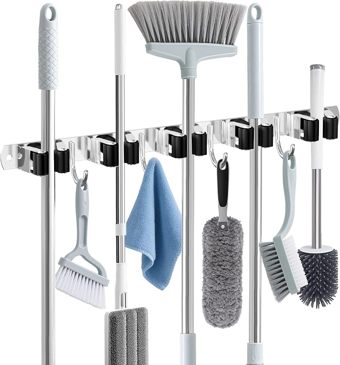 HANZENMA Broom Holder Wall Mount, Broom Organizer Wall Mount Stainless Steel Broom and Mop Hanger Heavy Duty Storage Organization for Home Kitchen Garden Garage Room 5 Racks 4 Hooks by HANZENMA