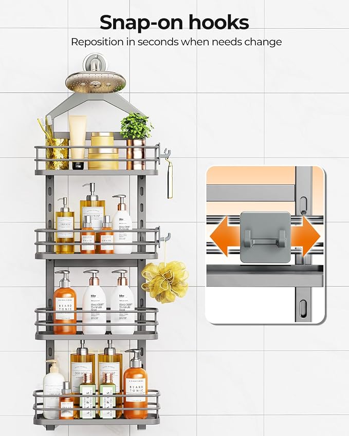 ODesign 4 Tier Height-Adjustable Shower Caddy Hanging Anti-Swing-Over The Shower Head Caddy-Showers Storage Organizer Bathroom Shelves Basket Showers Caddies-Grey - Image 8