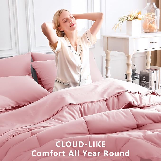 CozyLux Queen Comforter Set Pink, 7 Pieces Bed in a Bag, Pink Comforters Queen Size, All Season Bedding Sets with Stitch Quilted Comforter, Flat Sheet, Fitted Sheet, Pillowcases