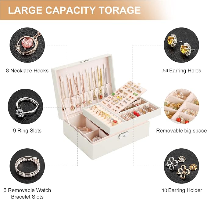 Jewelry Box Organizer for Women Girls 2 Layer Leather Travel Jewelry Storage Case with Lock and Removable Tray for Necklace Earrings Rings Bracelets Gift, Come with Polishing Cloth and Jewelry Bags - Image 5