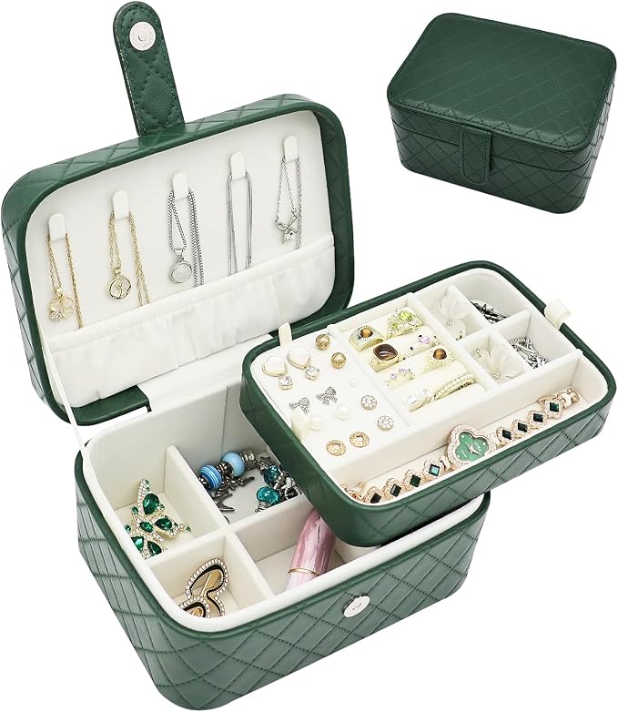 Jewelry Travel Case, 2-Layer Jewelry Box Organizer Medium Jewelry Travel Box, Portable Faux Leather Jewellery Storage Boxes with Argyle for Women, Daily Jewellery Case Home Use (Dark green) by Unknown