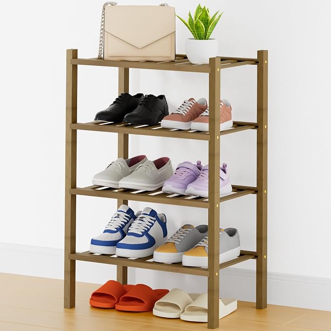 Smiry Shoe Rack, 4 Tier Thick Small Bamboo Shoe Organizer, Stackable Free Standing Wooden Shoe Storage Shelf for Closet, Entryway, Front Door Entrance, Walnut by Smiry