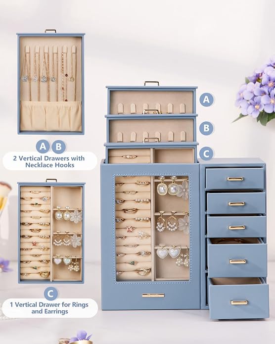 Homde Large Jewelry Box/Organizer/Case with Glass Window, Drawers for Necklaces Earrings Rings Bracelets Watches Gift for Women Girls - Image 3