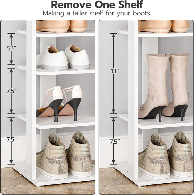 HOOBRO 8 Tiers Vertical Shoe Rack, Wooden Shoe Storage Organizer with Hooks, Narrow Shoe Tower for 8 Pairs, Space Saving, for Entryway, Living Room, Bedroom, White WT07XJ01G1 - Image 6