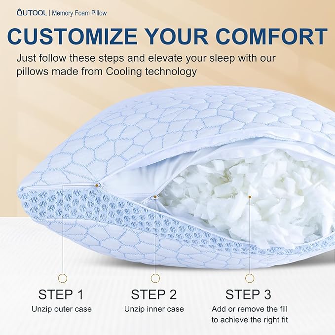 QUTOOL Enhanced Cooling Pillows for Sleeping, CertiPUR-US Shredded Memory Foam Pillows Standard Size Set of 2 for Hot Sleeper, Adjustable Pillow for Side, Back, Stomach Sleepers Support Yet Soft, Blue