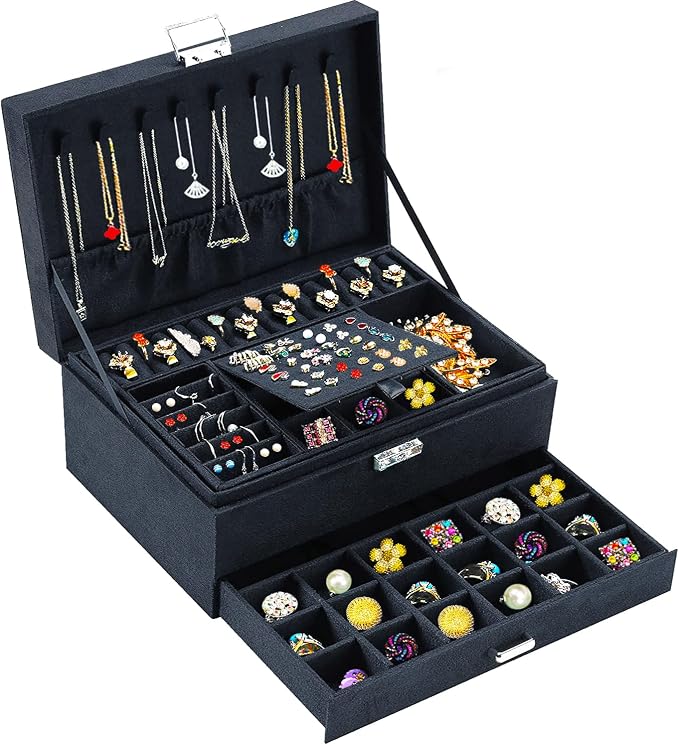 QBestry Jewelry Box for Women with Drawer, 3-Layer Large Jewelry Organizer with Lock & Key, 8 Necklace Hooks & 56 Earring Holes, Black Velvet Jewelry Storage Box for Necklaces Earrings Rings Bracelets by QBestry