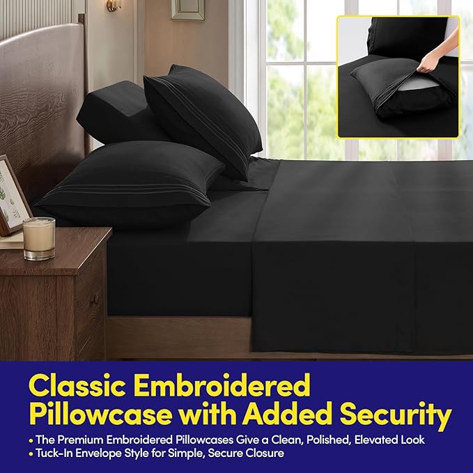 Split Head King Sheets Set for Adjustable Beds 4 Piece Flex Top Bed Sheets – Deep Pocket Split Top Fitted Sheet with Built-in Corner Straps, Luxury Soft Cooling Bedding, Wrinkle Resistant, Black