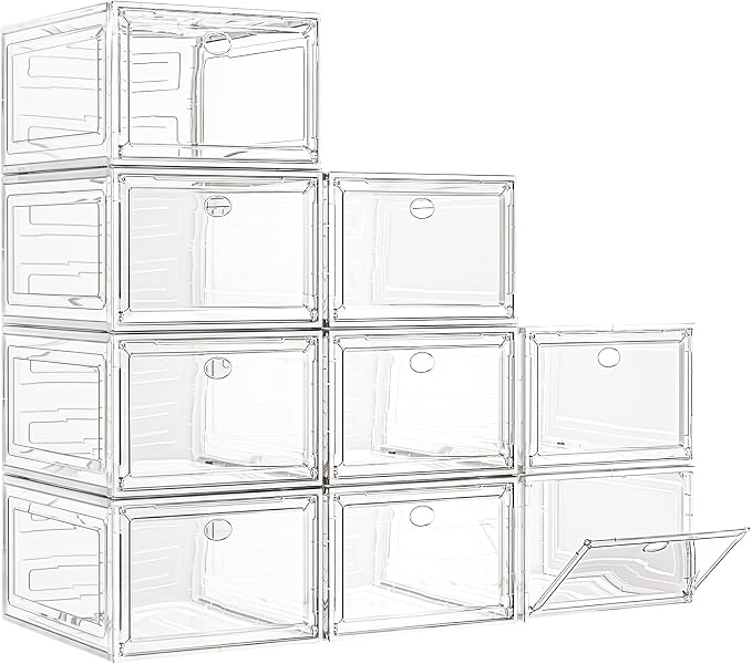 7 code Large Clear Shoe Boxes Organizer【Thicker Material】 Stronger Shoe Box with Magnetic Door, Stackable Shoe Storage Box for Closet, Foldable Space-Saving Storage Bins Shoe Cabinet, White 9 Pack by 7+code