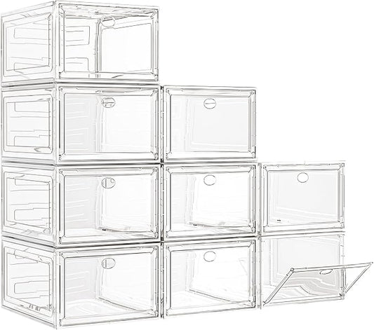 7 code Large Clear Shoe Boxes Organizer【Thicker Material】 Stronger Shoe Box with Magnetic Door, Stackable Shoe Storage Box for Closet, Foldable Space-Saving Storage Bins Shoe Cabinet, White 9 Pack by 7+code