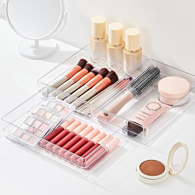 SMARTAKE 6 PCS Clear Plastic Drawer Organizers Set, Large Size Non-Slip Desk Drawer Organizer, Versatile Bathroom and Vanity Drawer Organizer Trays for Makeup, Bedroom, Office, Kitchen Utensils - Image 3