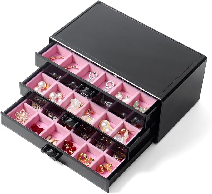 YUFONG Earring Organizer Box Acrylic Jewelry Organizer with 3 Drawers 54 Adjustable Grids Clear Stackable Earring Holder Velvet Trays Ring Display Case for Women Girls (Black Pink) by YUFONG