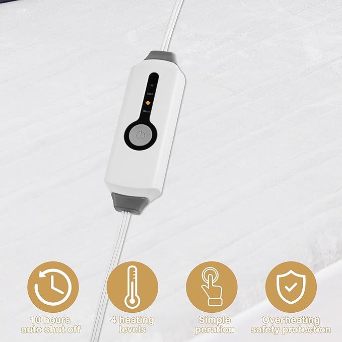 Electric Mattress Pad Twin Size 39"x75" with 10 Hours Auto Off 4 Heat Setting Simple Controller Fit Up to 15 Inch Deep Pocket, Machine Washable - White