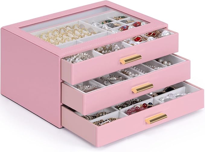 AKOZLIN Jewelry Box with Clear Lid Functional Leather Jewelry Storage Organizer Case 3 Drawers for Women Girls Necklace Ring Bracelet Earring - Image 2