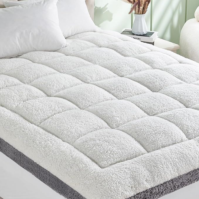 Cymula Mattress Topper Queen Size for Back Pain Extra Thick Sherpa Mattress Pad Bed Soft Pillow Top Mattress Cover with 900GSM Fluffy Down Alternative, 8-21" Deep Pocket, White