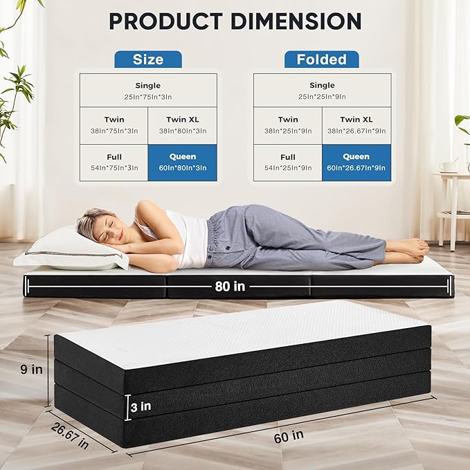 Folding Memory Foam Mattress, 3" Tri-Fold Queen Mattress Topper with Washable Cover, Non-Slip Portable Guest Floor Bed for Travel Camping