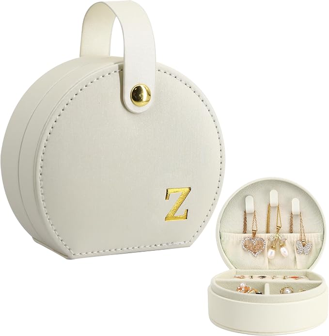 COLLECTIVE HOME - Travel Jewelry Case, Elegant Half-Moon Design with Gold Monogram, Detachable Handle, Personalized Accessory Organizer, Gift for Fashion-Forward Women and Teens (z) by COLLECTIVEHOME