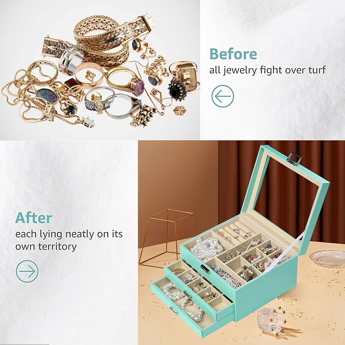 BOOVO Clear Lid Jewelry Box,3 Layers Jewelry Organizer Large Multi-Functional Jewelry Storage Box with 2 Drawers,Jewelry Display Case of Rings Earrings Necklace Bracelets for Women Girls (Turquoise) - Image 7