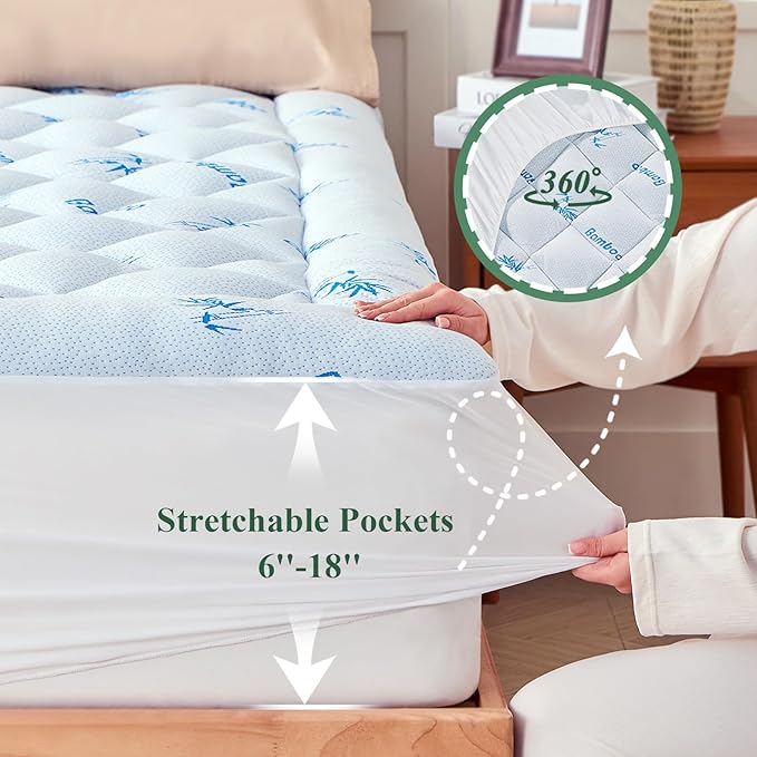 Queen Mattress Topper, Viscose Derived from Bamboo Thick Pillow Top Mattress Pad with Deep Pocket, Naturally Cooling for Hot Sleepers, Soft for Back Pain Relief, Blue