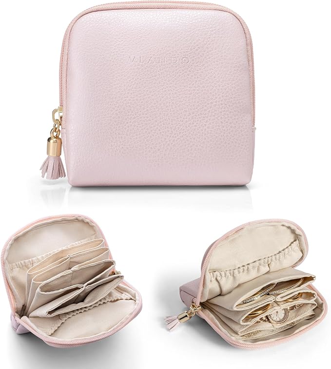 VLANDO Small Jewelry Travel Case,Jewelry Pouch Bags with Zipper,Velvet Jewelry Organizer Storage Bag for Bracelet Rings Earring Travel Essentials Gifts for Women Girl-Pearl Pink by VLANDO