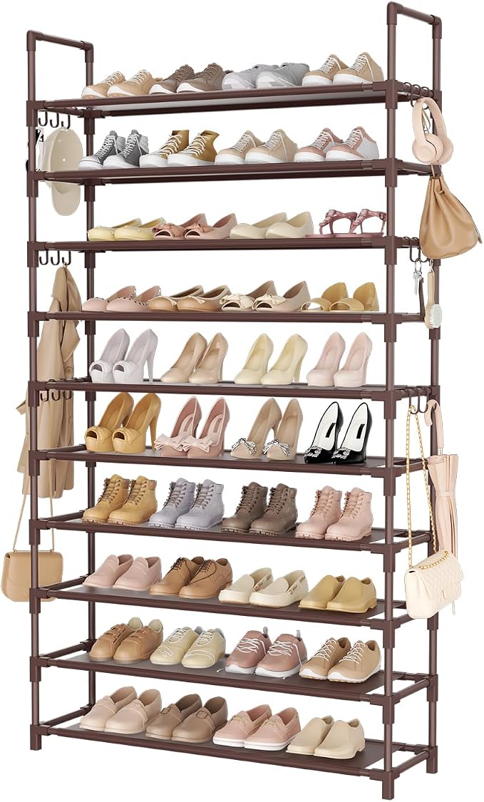 LANTEFUL Tall Shoe Rack 10 Tier Shoe Organizer Large Shoe Shelf with 18 Hooks Storage for 50 Pair Sneaker and Boot, Stackable Vertical Shoe Rack Organizer for Closet, Entryway, Bedroom, Brown by LANTEFULforTidyingHouse