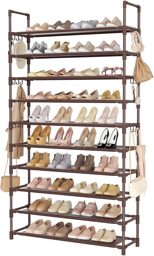 LANTEFUL Tall Shoe Rack 10 Tier Shoe Organizer Large Shoe Shelf with 18 Hooks Storage for 50 Pair Sneaker and Boot, Stackable Vertical Shoe Rack Organizer for Closet, Entryway, Bedroom, Brown by LANTEFULforTidyingHouse