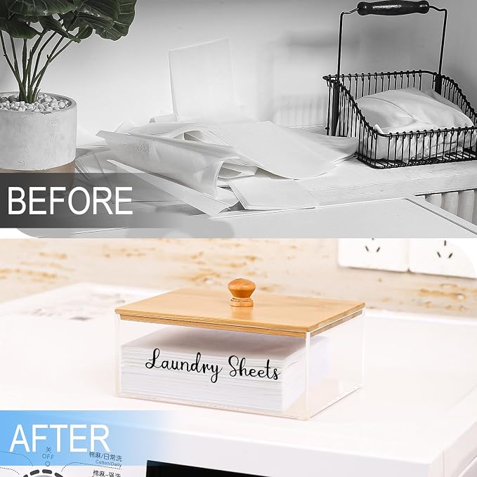 Acrylic Laundry Sheet Holder with Bamboo Lid, Laundry Detergent Sheet Container/Holder/Dispenser, laundry Room Organization and Storage - Image 3