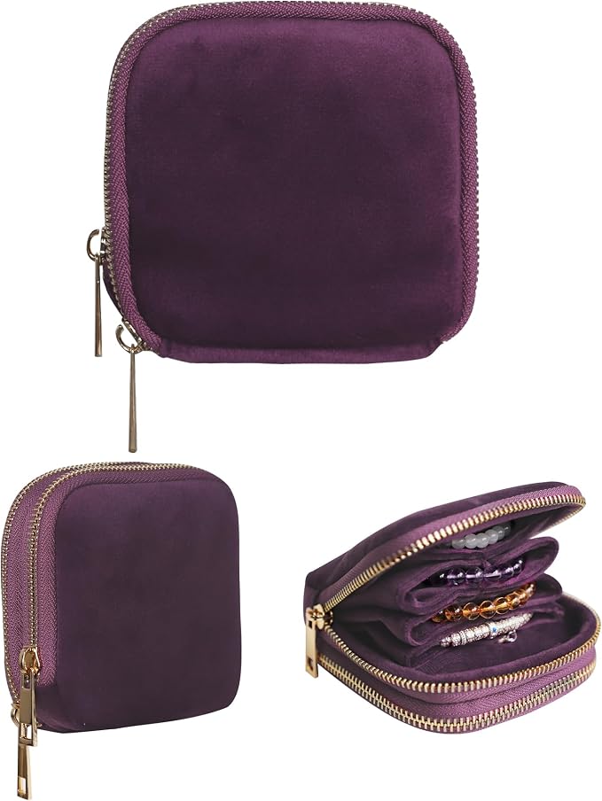 Stratalife 2-Layer Travel Jewelry Case Organizer Compact Storage Bag for Rings Earrings Necklace Bracelet Portable Velvet Jewelry Pouch with Zippers Accessories Travel Essentials Gift for Women Purple by Stratalife