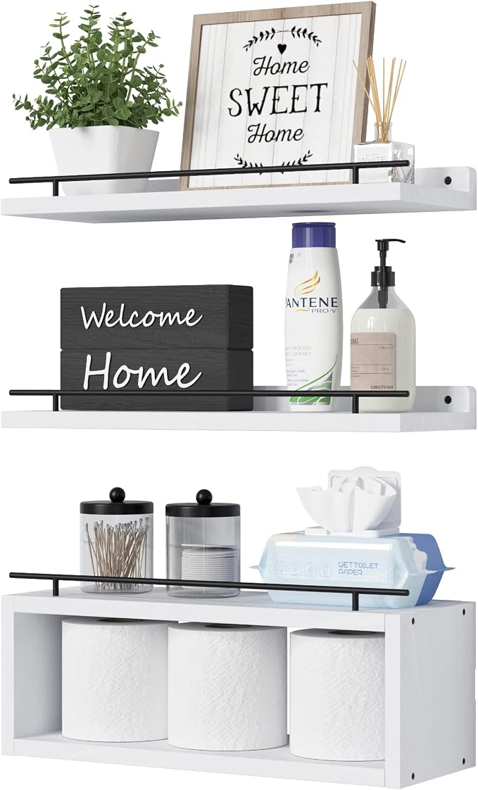 WOPITUES Floating Shelves for Wall with Cube Shelf, Wall Shelves with Metal Rail for Decor, Bathroom Organizers and Storage, Over Toilet Shelves for Bathroom, Toilet Paper-White by WOPITUESOfficial