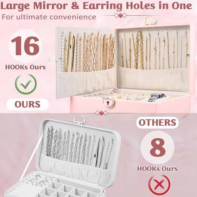 3 Layer Jewelry Boxes Large Jewelry Holder Organizer Case with 2 Jewelry Organizer Drawer PU Necklace Organizer Lockable Upgrade Mirror Gifts for Women, Pink - Image 2
