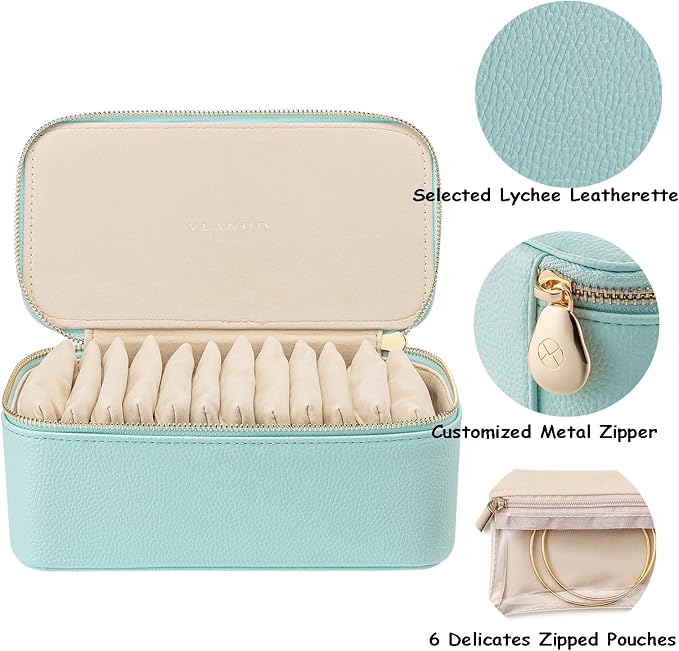 VLANDO Travel Jewelry Box Organizer – Portable PU Leather Jewelry Case with 6/8/12 Zippered Pouches, Compact Storage for Earrings Rings Necklaces Bracelets, Aqua Blue - Image 6