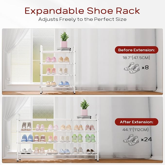 Bumusty 4-Tier Long Expandable Shoe Rack for Closet, 18"-44" Adjustable Shoe Rack for Entryway, 20-24 Pairs Large Shoe Organizer Shelf Storage, Sturdy Metal, White - Image 5