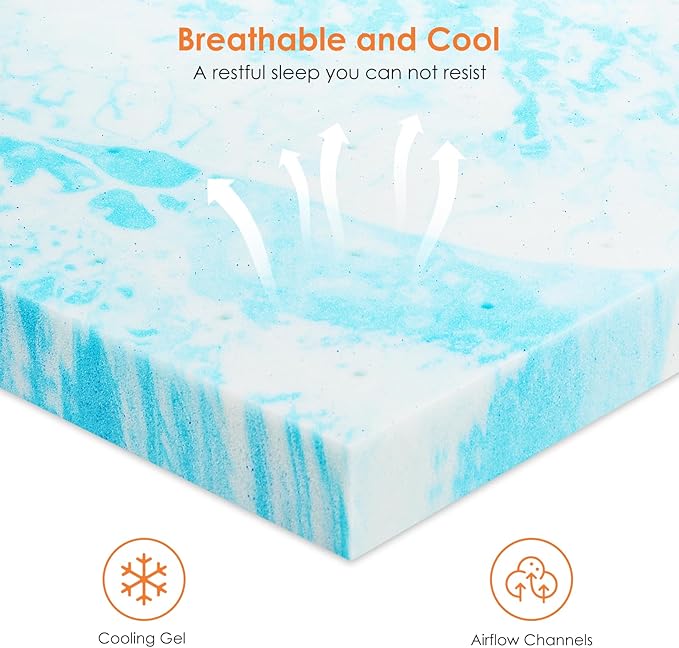Sweetcrispy Mattress Topper King, 3 Inch Thick Memory Foam Gel Infused Cooling Toppers Pad for King Size Bed, Sleeper Sofa, RV, Camper, CertiPUR US Certified, Ventilated and Breathable