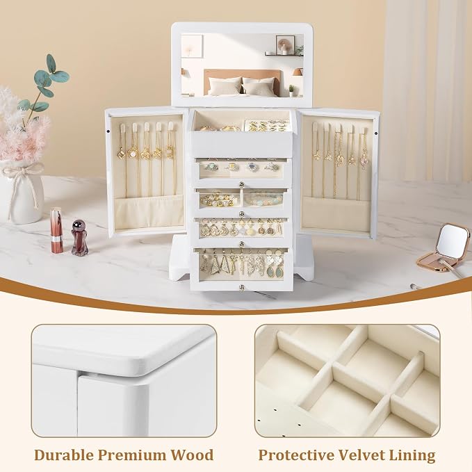 Large Jewelry Box & Organizer for Women, Wooden Jewelry Storage with 4 Transparent Drawers, Holds Necklaces, Rings, Bracelets, Earrings and Watches(White) - Image 6