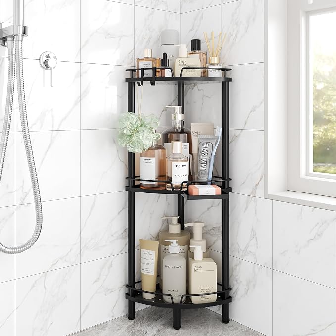 ELYKEN Corner Shower Caddy Standing, 3 Tier Rustproof Metal Shower Organizer with Soap Holder, Floor Shower Corner Shelf Rack Storage Stands with Adjustable Feet & 2 Hooks for Bathroom, Black by ELYKEN