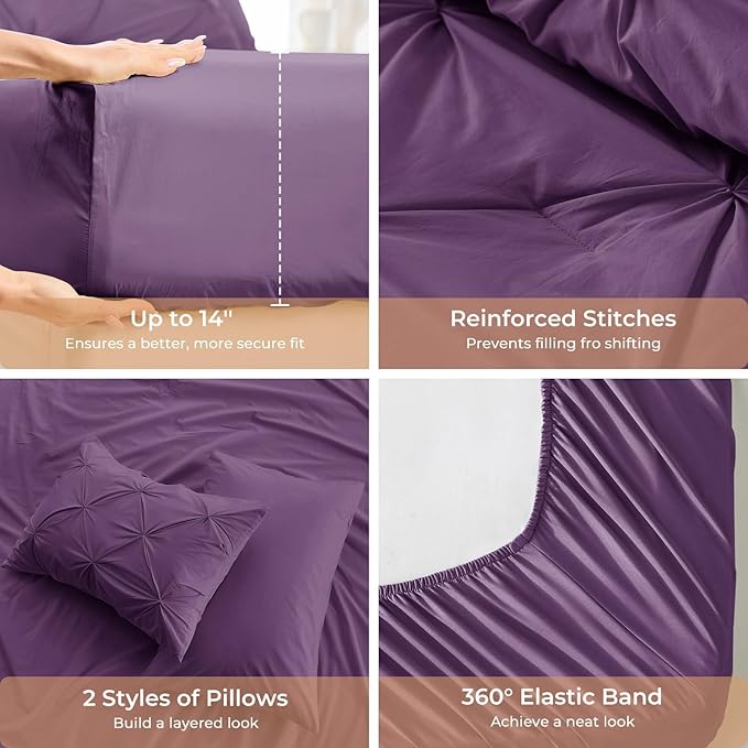 Sasttie California King Comforter Set, 7-Piece Bed in a Bag Cal King, Pintuck Bedding Set for All Season, Includes Comforter, Flat Sheet, Fitted Sheet, Pillowcases and Pillowshams, Grape Purple