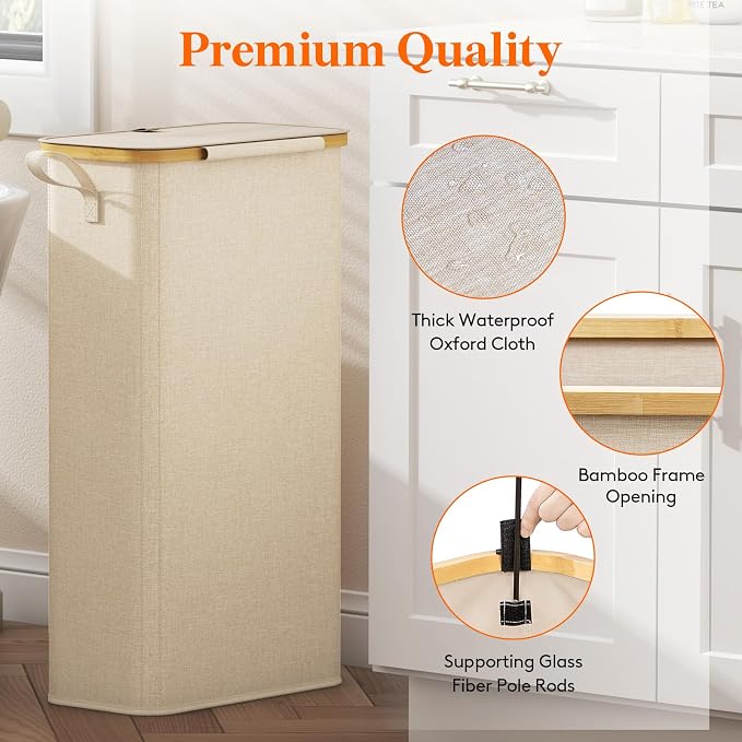 Lifewit 65L Slim Laundry Hamper with Lid, Narrow Laundry Basket with Removable Bag & Bamboo Handles, Fodable Thin Dirty Clothes Hamper for Laundry Collapsible Bin for Bathroom Bedroom Dorm, Beige - Image 7