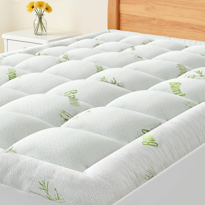 OLIXIS King Size Bamboo Viscose Mattress Topper, Thick Pillow Top Mattress Pad with Stretchable Pockets, Soft Pressure-Relieving Bed Topper for Back Pain Relief, Breathable