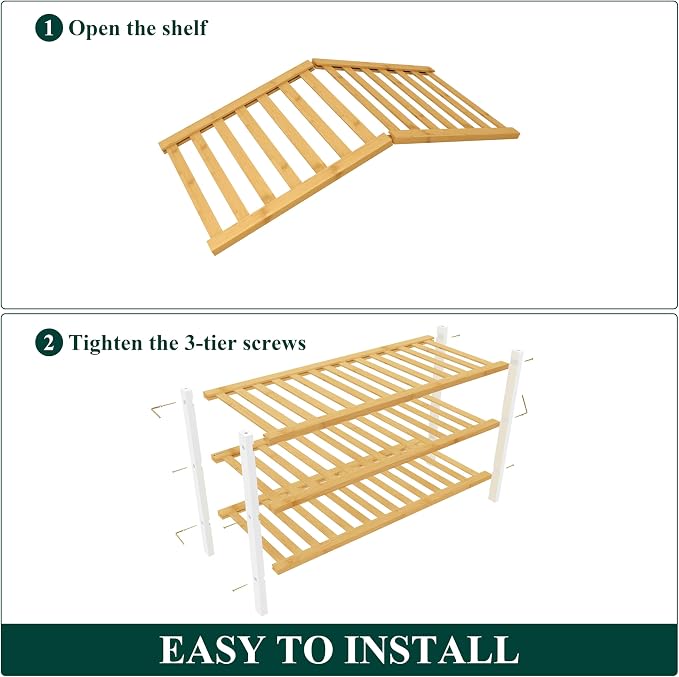 Smiry Bamboo Shoe Rack for Closet, 3 Tier Wooden Stackable Shoe Organizer, Free Standing Shoes Storage Shelf for Entryway, Front Door Entrance, Natural & White - Image 5