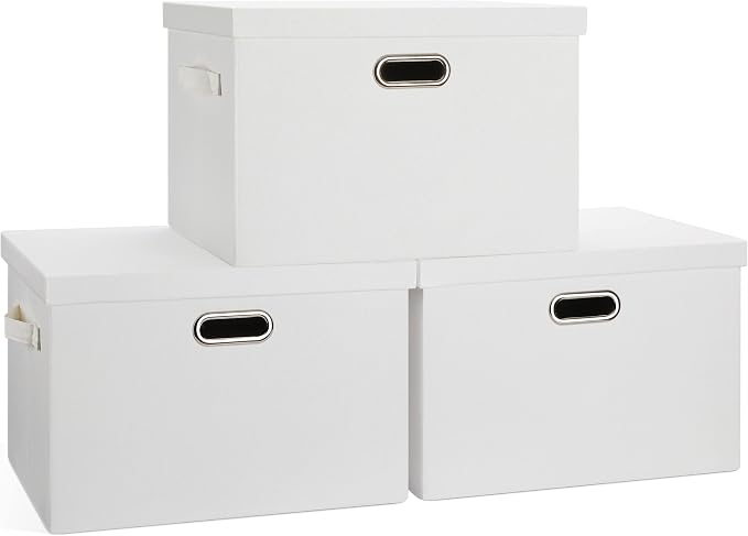 Graciadeco Large 17" 36 Quart Collapsible Stackable Storage Bins with Lids, 3 Packs White Linen Fabric Closet Boxes with Lids, Storage Cube Baskets Container Organizers for Bedroom Office(17 x12 x11) by GraciadecoStorage