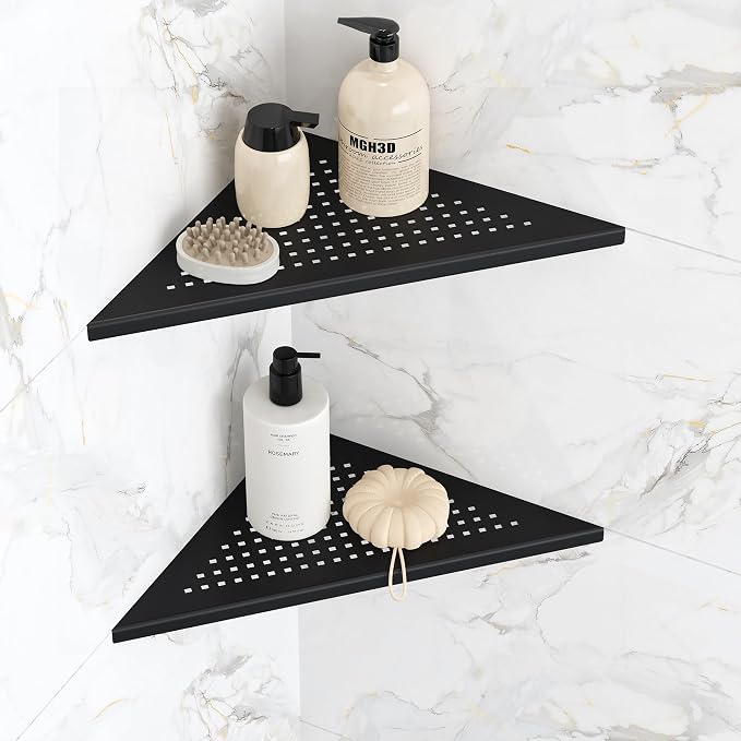 Qeke Corner Shower Shelves, 10” Recessed Tile Shower Shelf Matte Black, 304 Stainless Steel Grout in Corner Tile Bathroom Shelves, No Drilling, 2 Pack by Qeke