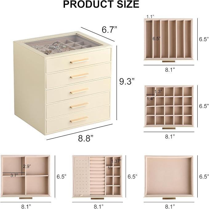 Frebeauty Clear Lid Jewelry Box,5-Layer Jewelry Organizer with Drawer,PU Leather Jewelry Organizers and Storage,Jewelry Boxes for Women,Jewelry Storage for Rings Earring Stud,Gift for Women(Beige) - Image 3