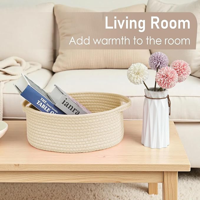 JMvicyroam Woven Basket,Small Rope Storage Bin with Handles & Ribbon Bag, Organizer for Shelves Closets,Gift Basket Empty for Birthday,Books,Dog Toys,Beige/3 Pack - Image 7