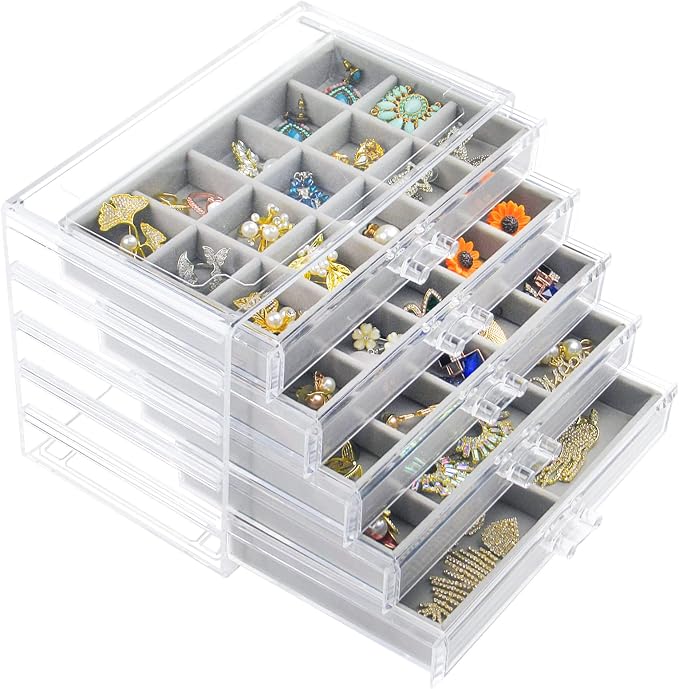 Watpot Acrylic Jewelry Box with 5 Drawers, Clear Earring Storage Organizer Display Case for Women Girls, Gray by Watpot