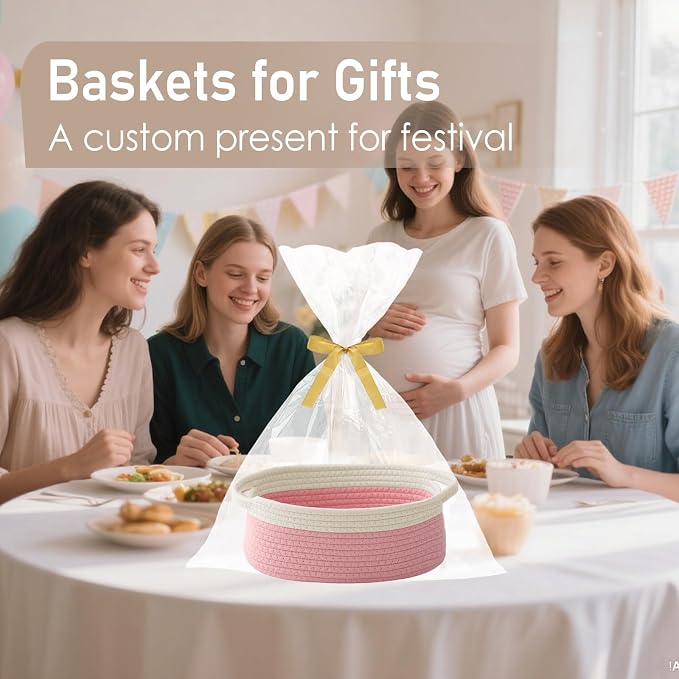 JMvicyroam Woven Basket,Small Rope Storage Bin with Handles & Ribbon Bag, Organizer for Shelves Closets,Gift Basket Empty for Birthday,Books,Dog Toys, White&Pink/2 Pack - Image 4