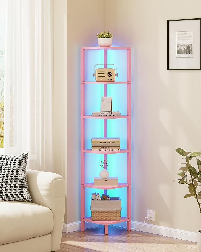 TUTOTAK Corner Shelf with LED Light, 6-Tier Corner Bookshelf for Small Space, Narrow Display Corner Shelf Stand with Storage Rack, for Living Room, Bedroom, Pink BS08BP006L - Image 4