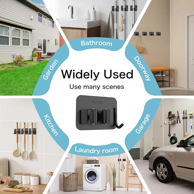 nacena 4 Pack No Drill Self Adhesive Broom Mop Holder Wall Mount with Hooks, Heavy Duty Stainless Steel Organizer for Kitchen Bathroom Garage Storage, Black - Image 5