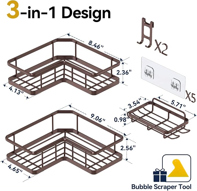 YASONIC Shower Caddy Corner, 3-Pack Adhesive Rustproof Stainless Steel Shower Shelves with Soap Holder, No Drilling Shower Organizer Corner for Dorm, Renters Bathroom, Bronze - Image 2