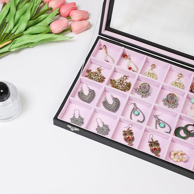 Stratalife Earring Organizer Velvet Jewelry Organizer Box Jewelry Display Storage Tray Ring Case with Clasp for Women 24 Grid (Pink Black) - Image 3